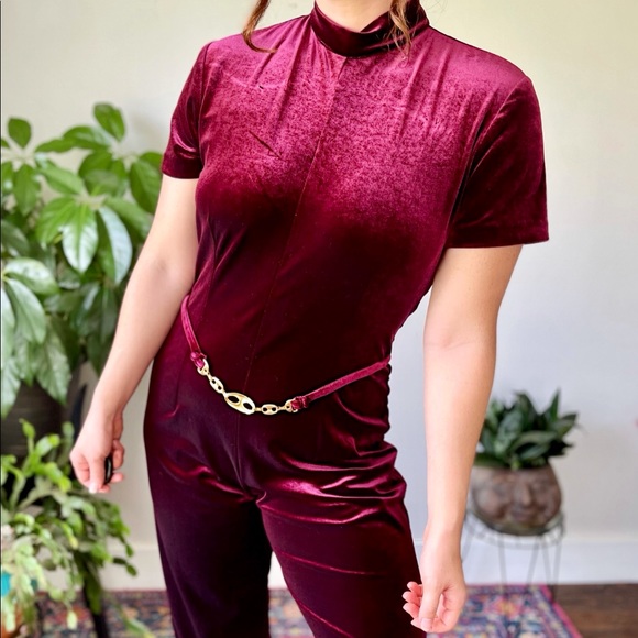 Vintage Pants - ✨SOLD ON IG✨ VTG 90s Velvet Burgundy Jumpsuit